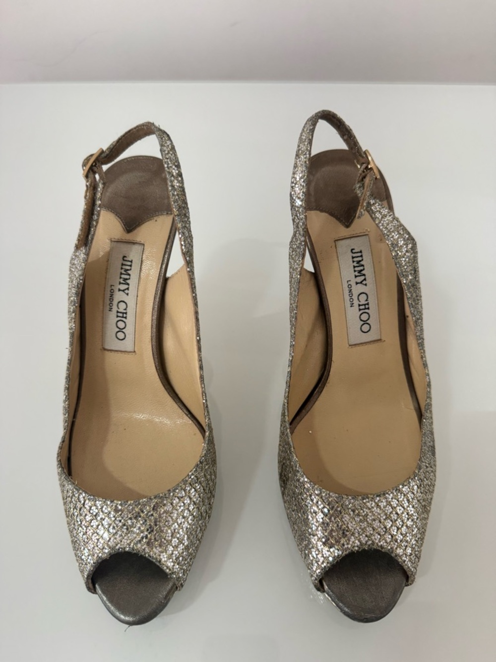 Jimmy Choo Silver and Gold Glitter Peep-Toe Slingback Heels, size 37.5